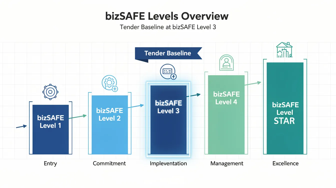 The infographic presents the five bizSAFE levels, with Level 3 prominently highlighted as the baseline requirement for corporate tenders in Singapore. It emphasizes the importance of a robust risk management plan and workplace safety culture for companies seeking bizSAFE certification and compliance with government regulations.
