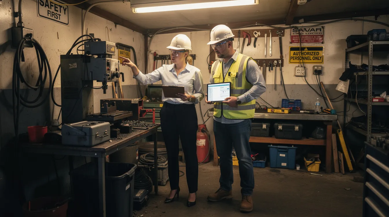 A consultant and a site supervisor are inspecting equipment in a small industrial workshop, focusing on workplace safety and risk management. Their hands-on guidance aims to identify hazards and implement good WSH practices to ensure a safer workplace for employees and enhance the operational efficiency of small and medium enterprises.