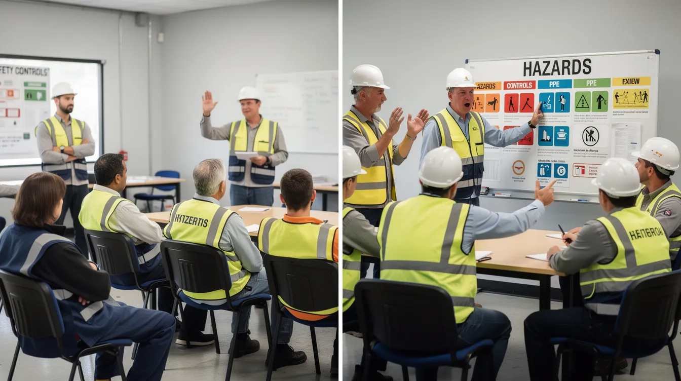 The image features two contrasting photos: on the left, a passive crew sits quietly during a safety briefing, while on the right, an engaged crew actively discusses safety concerns, pointing at a hazard board and asking questions. This illustrates the importance of a strong safety culture and open communication in empowering workers to identify hazards and improve safety performance.