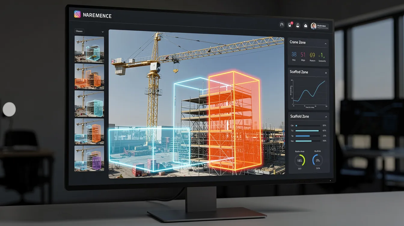 The image depicts an AI surveillance dashboard showcasing a construction site, with highlighted detection zones around critical areas such as a crane and scaffold. This advanced system utilizes AI video analytics to enhance workplace safety by proactively detecting unsafe behaviors and ensuring compliance with safety protocols.