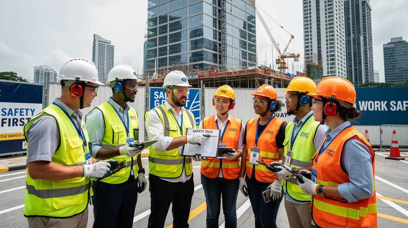 A diverse construction team, all wearing personal protective equipment (PPE), is engaged in a lively safety discussion on a building site in Singapore, emphasizing the importance of workplace safety and open communication to foster a strong safety culture. Their interaction highlights leadership commitment and the need for a shift from compliance-driven practices to a culture that prioritizes care and psychological safety for all employees.