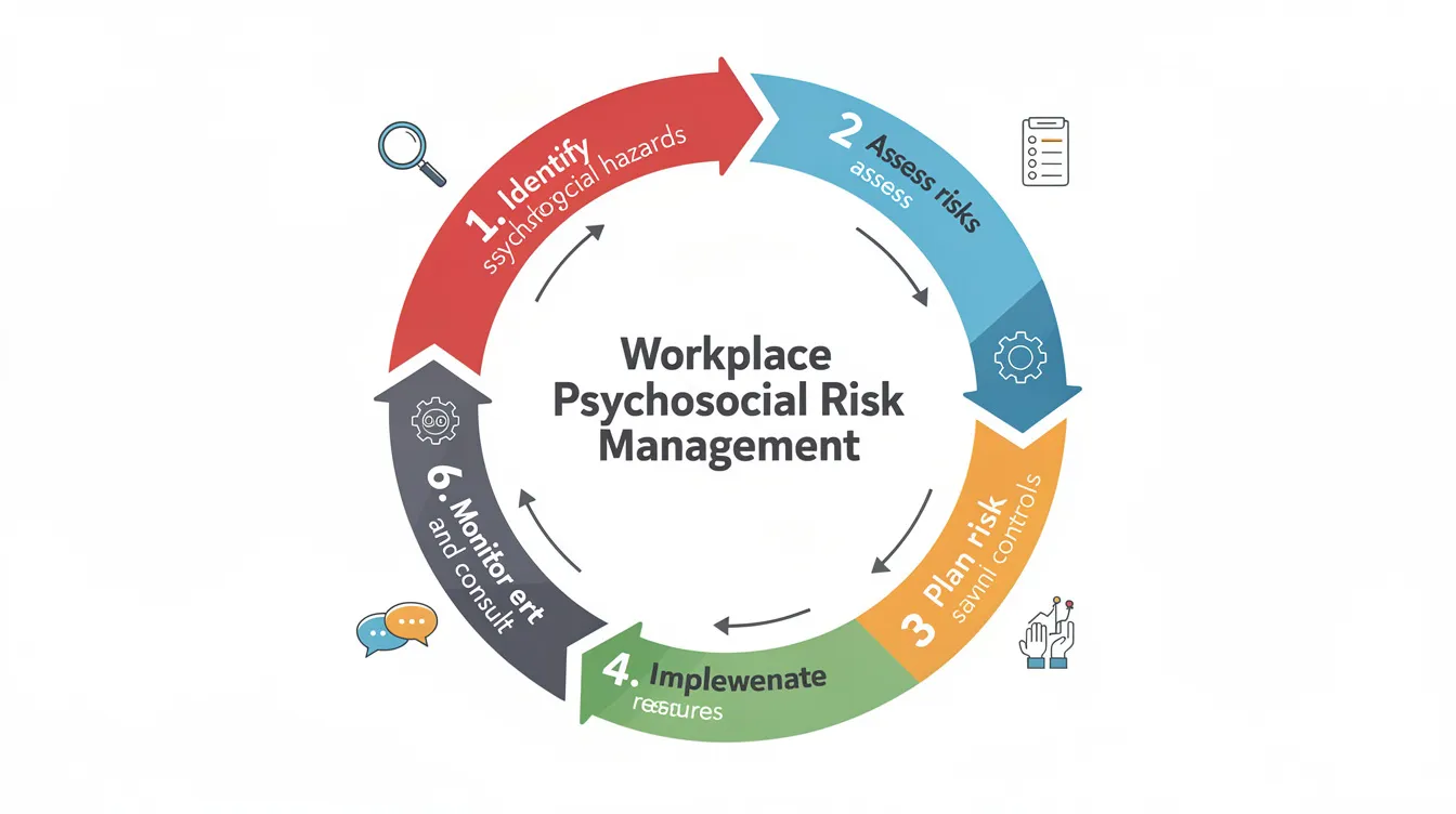 This flowchart illustrates the continuous cycle of workplace psychosocial risk management, emphasizing the importance of measuring psychological safety and its impact on employee mental health and team effectiveness. It highlights how fostering a culture of psychological safety can lead to better team performance and improved health outcomes for employees.