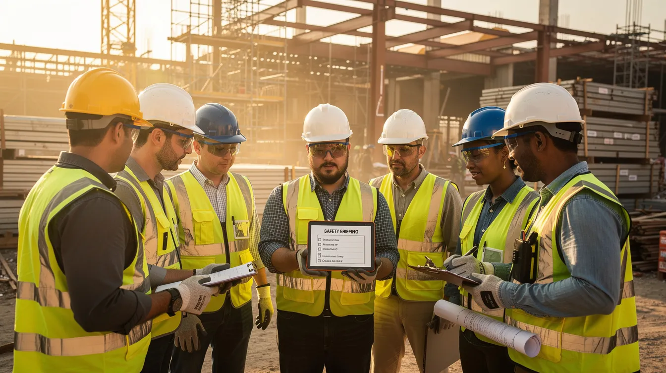 A group of workers, all in safety gear, are gathered around a tablet during a toolbox talk at a construction site, discussing risk management and safety protocols. The scene emphasizes the importance of effective risk assessment and the need for specialized platforms to ensure compliance and monitor risks in real time.