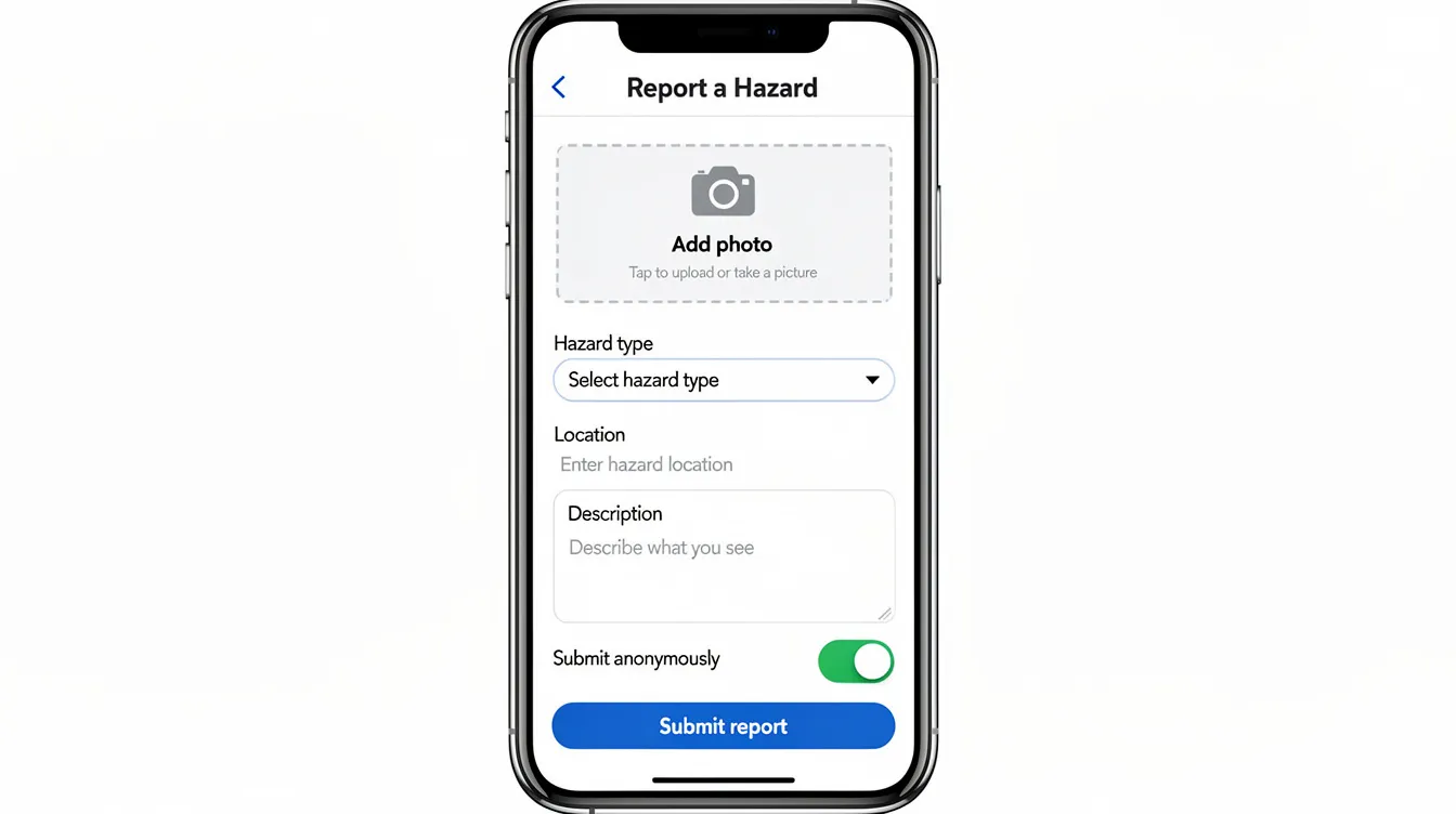The image depicts a mock-up of a mobile hazard reporting form, featuring options for photo uploads, a dropdown menu for selecting hazard types, and a toggle for anonymous submissions. This tool aims to empower workers to identify hazards and voice safety concerns, fostering a strong safety culture within the organization.