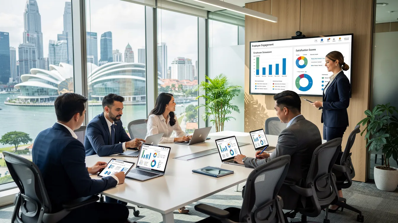 In a modern Singapore office, HR professionals are collaboratively reviewing workplace survey data, focusing on measuring psychological safety and its impact on employee mental health. The scene reflects a commitment to creating a supportive workplace culture that enhances team effectiveness and promotes the well-being of employees.