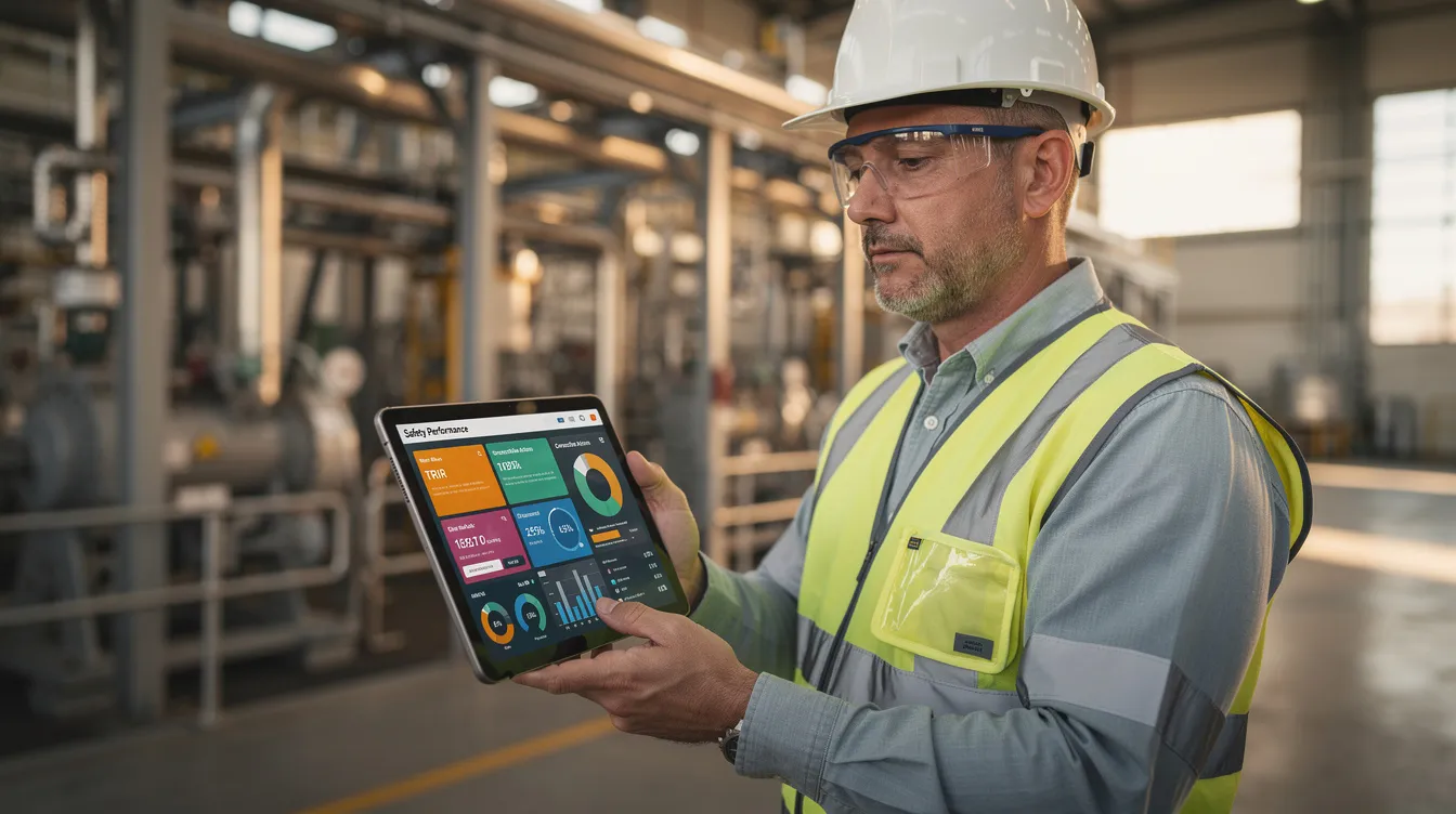 A safety professional is reviewing digital dashboards on a tablet, displaying key safety performance metrics at an industrial facility. This scene highlights the importance of workplace safety and effective safety management systems in achieving bizsafe star status and enhancing occupational health and safety.
