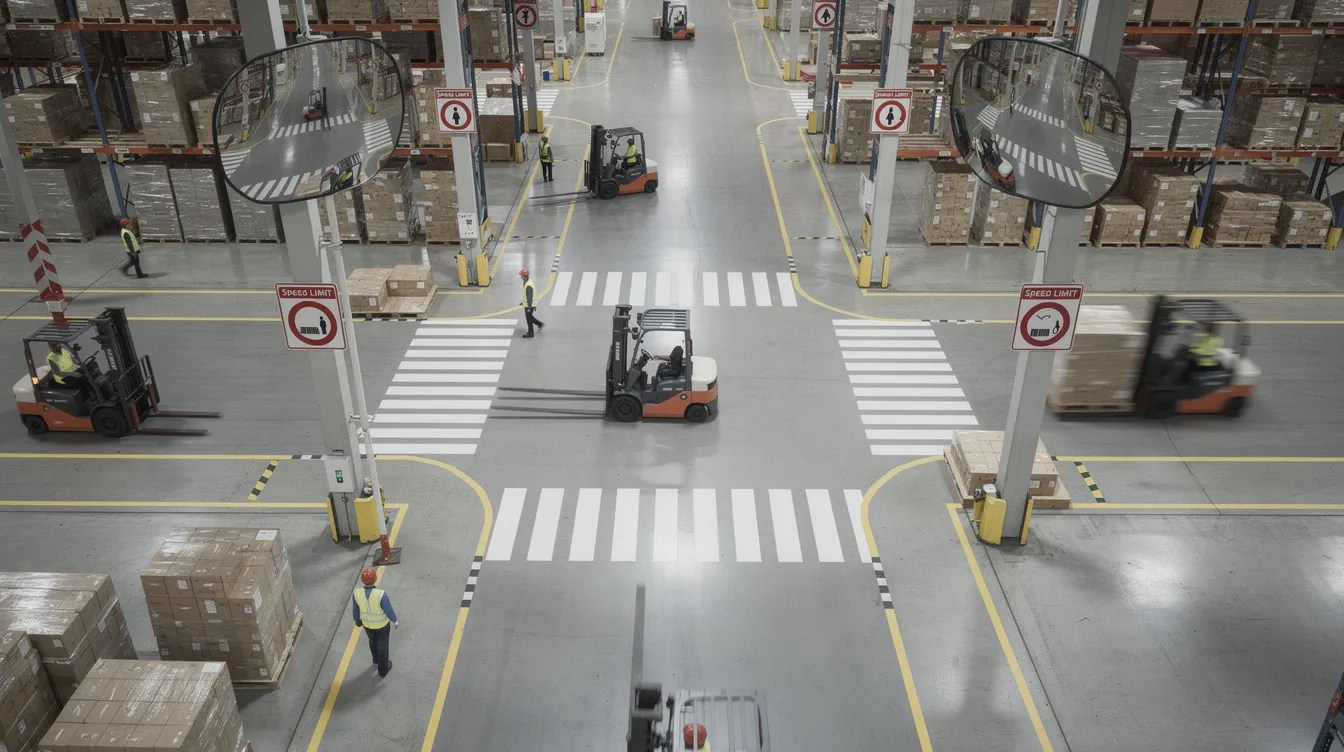 The image depicts a warehouse floor designed for workplace safety, featuring clearly marked forklift lanes, pedestrian crossings, convex mirrors for visibility, and speed limit signage to prevent accidents. These elements are part of proactive risk management measures to address common workplace hazards and ensure the safety of workers.
