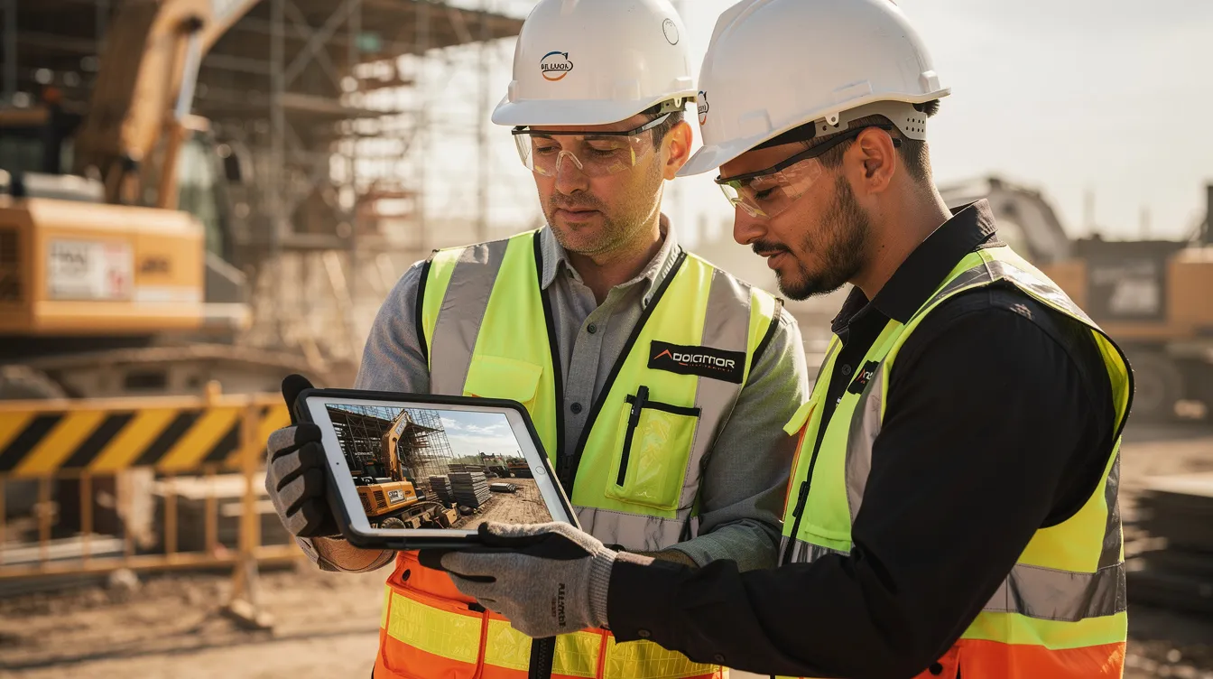 A supervisor and a worker are collaboratively reviewing a hazard photo on a tablet at a worksite, demonstrating a commitment to a strong safety culture. This interaction highlights the importance of open communication and employee empowerment in identifying hazards and improving workplace safety.