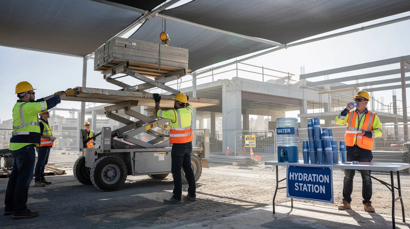 A group of construction workers is operating mechanical lifting equipment under a shaded canopy, with a hydration station visible nearby to promote worker health and well-being. This scene highlights the importance of workplace safety and the integration of health services in creating a hazard-free work environment.