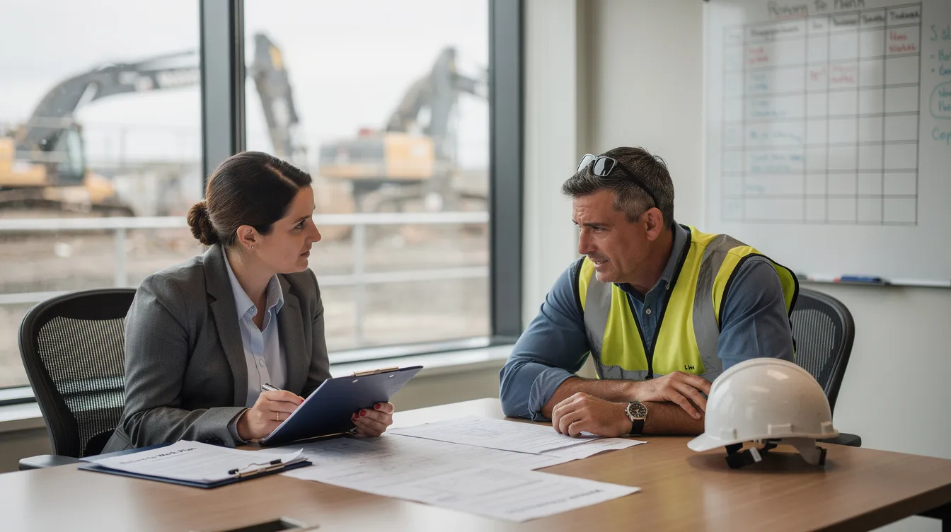 A rehabilitation coordinator is discussing a return-to-work (RTW) plan with an injured worker in an industrial site office, focusing on workplace safety and the worker's ability to transition back to their pre-injury job. The meeting emphasizes clear communication and personalized case management to identify barriers and facilitate a smooth return to work.
