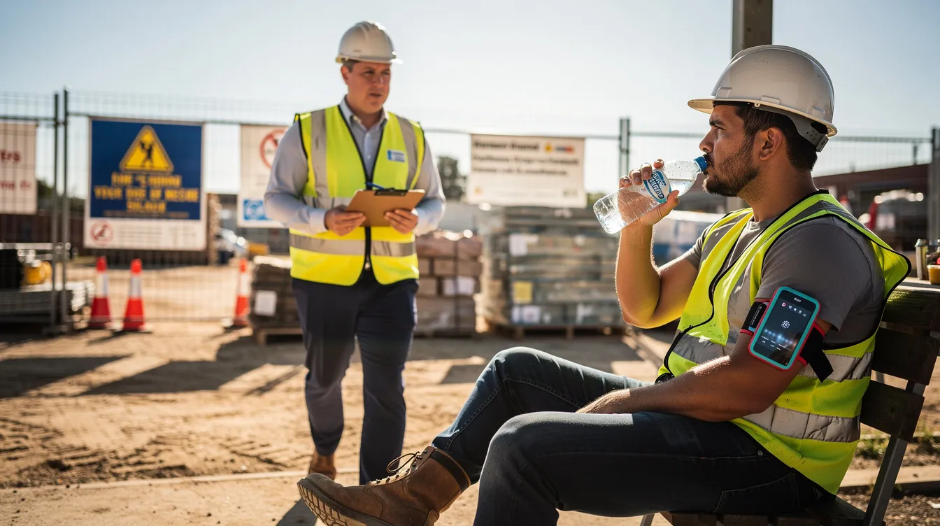 A site supervisor approaches a seated outdoor worker in the shade, who is drinking water and wearing a visible armband device designed for monitoring heat stress. This wearable technology plays a crucial role in preventing heat-related illness and ensuring workplace safety in extreme heat conditions.