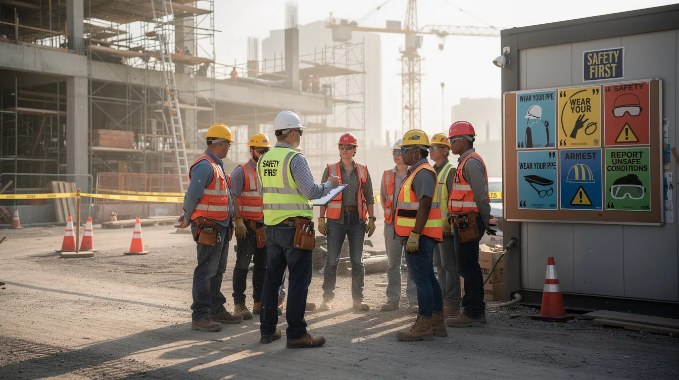 A group of construction workers is gathered at a worksite for a safety briefing, equipped with personal protective equipment and surrounded by safety posters emphasizing workplace safety and health management. This scene reflects their commitment to risk management and achieving bizsafe star status through effective safety management systems.