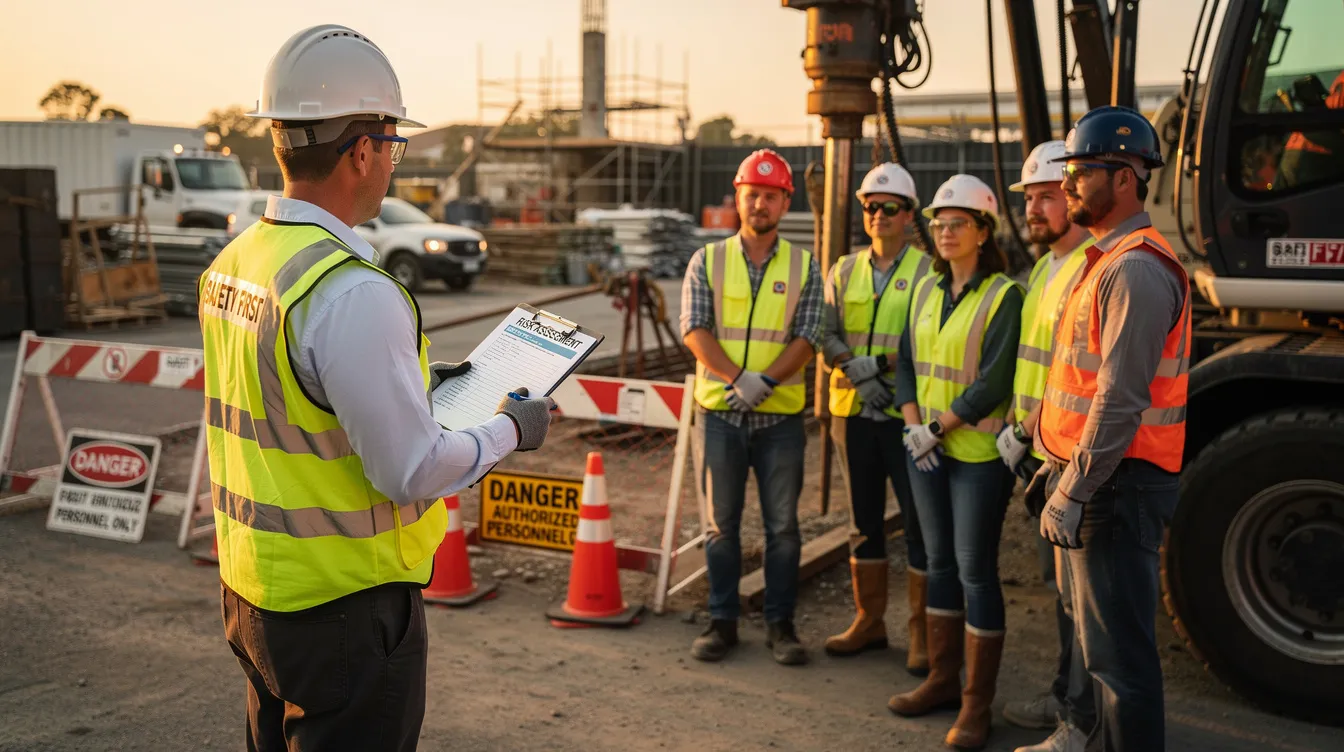 A supervisor is leading a toolbox meeting focused on workplace safety, surrounded by workers who are gathered around heavy machinery. They are discussing risk assessment documents to proactively manage common workplace hazards and prevent serious injuries.