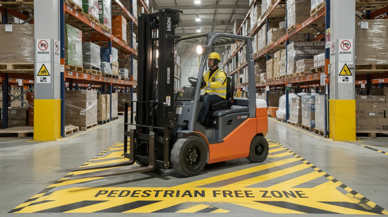 A forklift is operating within a marked pedestrian-free lane featuring high-visibility floor markings inside a warehouse, ensuring adherence to safety regulations for internal transport. This environment highlights the importance of proper training and risk assessments to manage potential hazards associated with handling heavy loads and maintaining load stability.