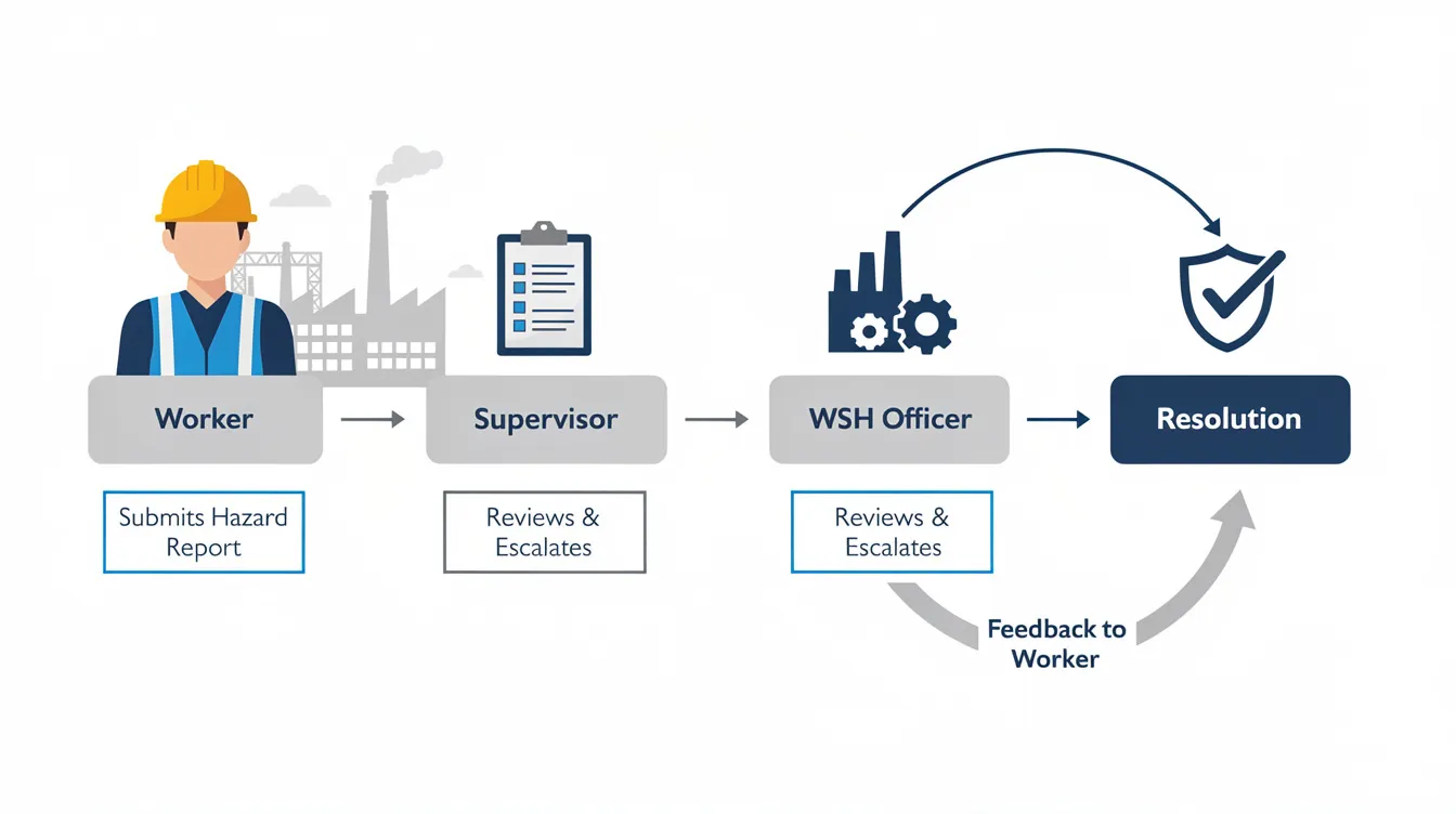 The flowchart illustrates the process of reporting hazards, starting from the worker to the supervisor and then to the WSH Officer, ultimately leading to resolution and feedback returning to the worker. This visual representation emphasizes the importance of a strong safety culture and open communication in addressing safety concerns, ensuring a proactive safety culture within the organization.