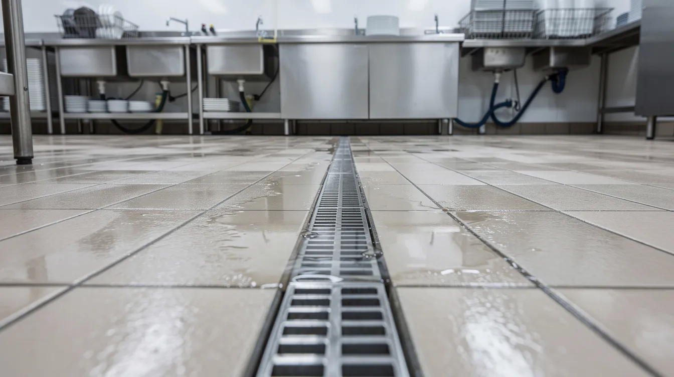 The image shows a commercial kitchen floor with wet tiles near a dishwashing station, highlighting a drainage channel to manage water. This setting emphasizes the importance of safety and hygiene in preventing slip hazards for employees while working with equipment and preparing meals.