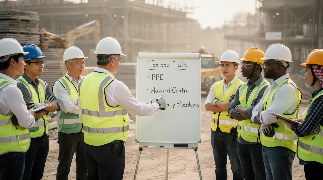 A supervisor is leading a toolbox talk with a diverse group of workers gathered around a whiteboard on a construction site, emphasizing the importance of a strong safety culture and open communication. The crew, wearing personal protective equipment, is engaged in discussing safety concerns and protocols to improve workplace safety and empower employees to voice their concerns.