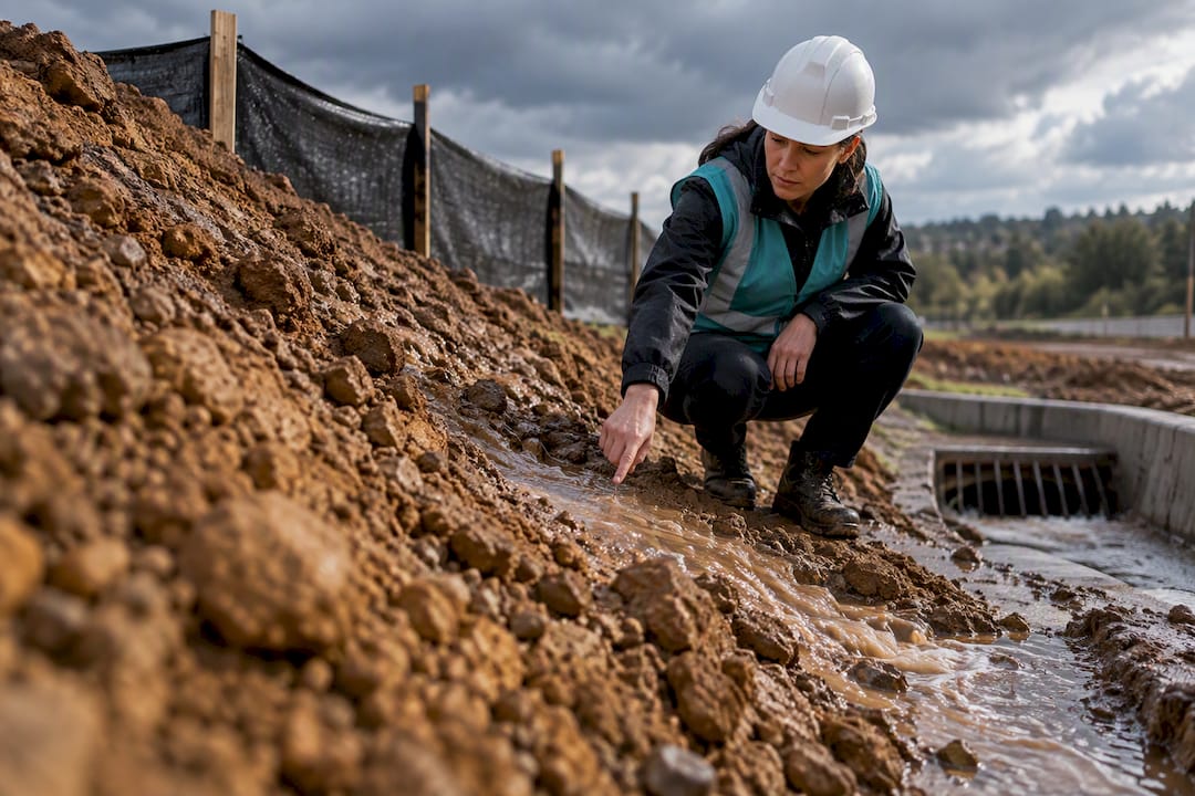 Officer inspecting construction runoff pathway