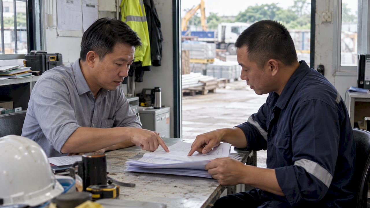 Contractor and safety officer comparing outsourcing quotations