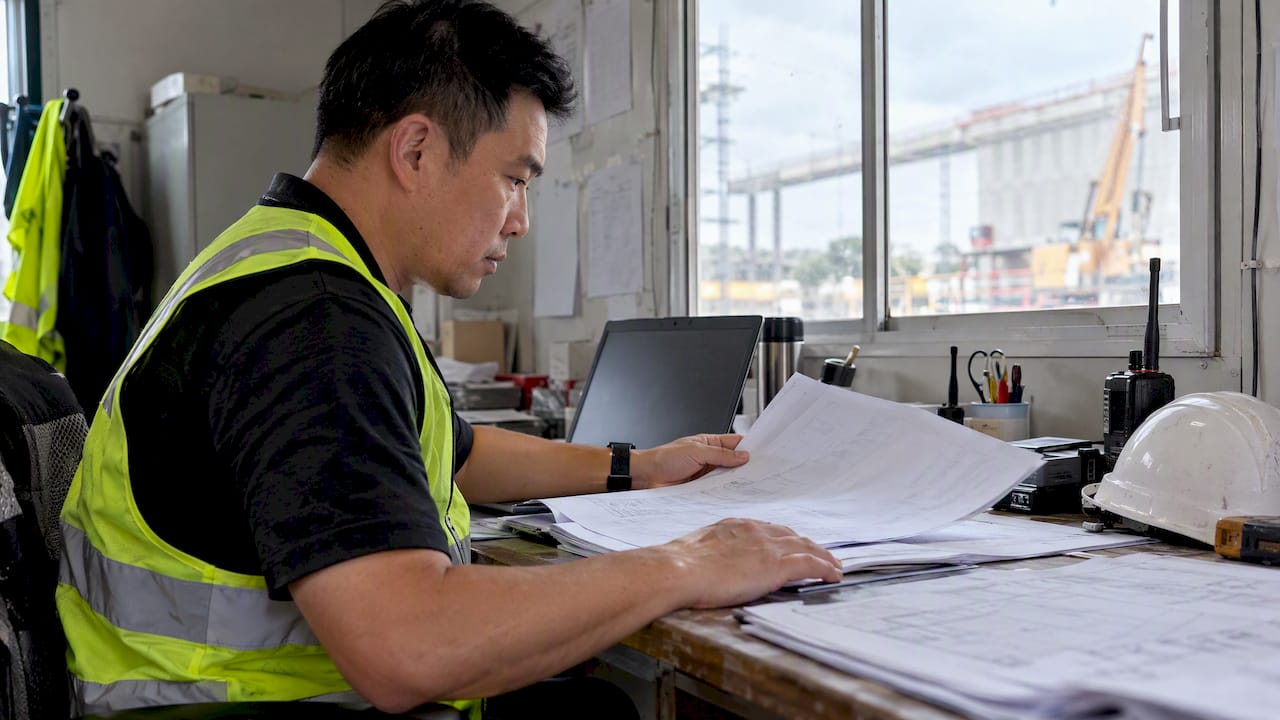 Controller checking a revised construction drawing
