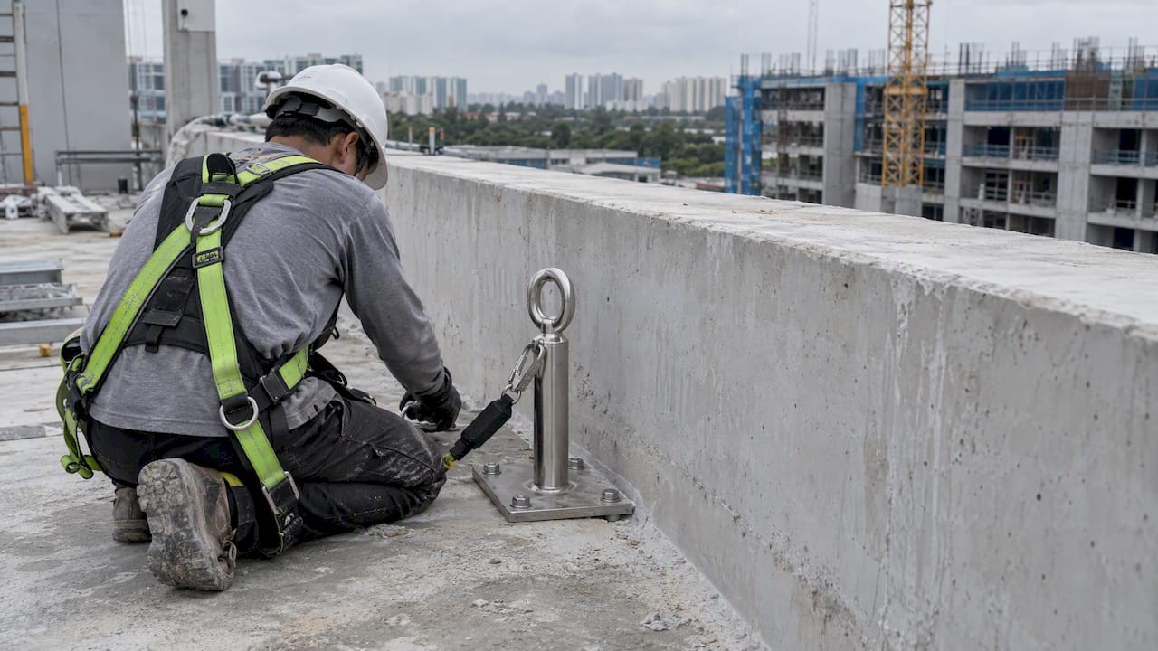 Permanent roof anchor beside concrete parapet