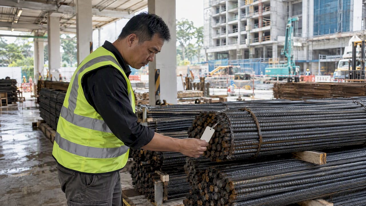 Inspector checking a tagged rebar delivery