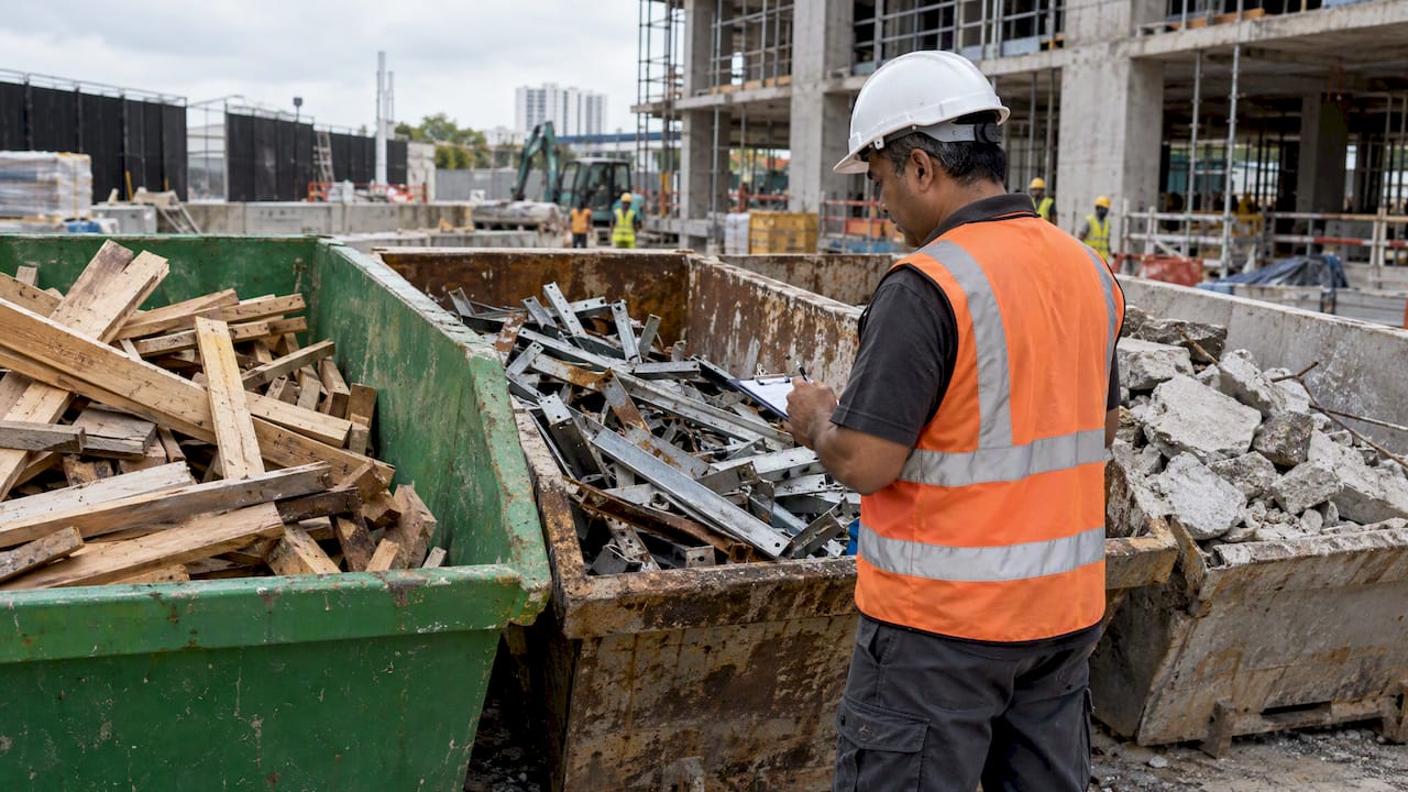 Contractor checking construction waste segregation on site