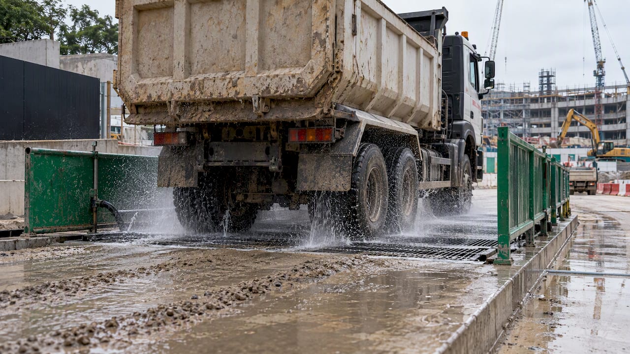 Construction vehicle passing through a site wheel-wash