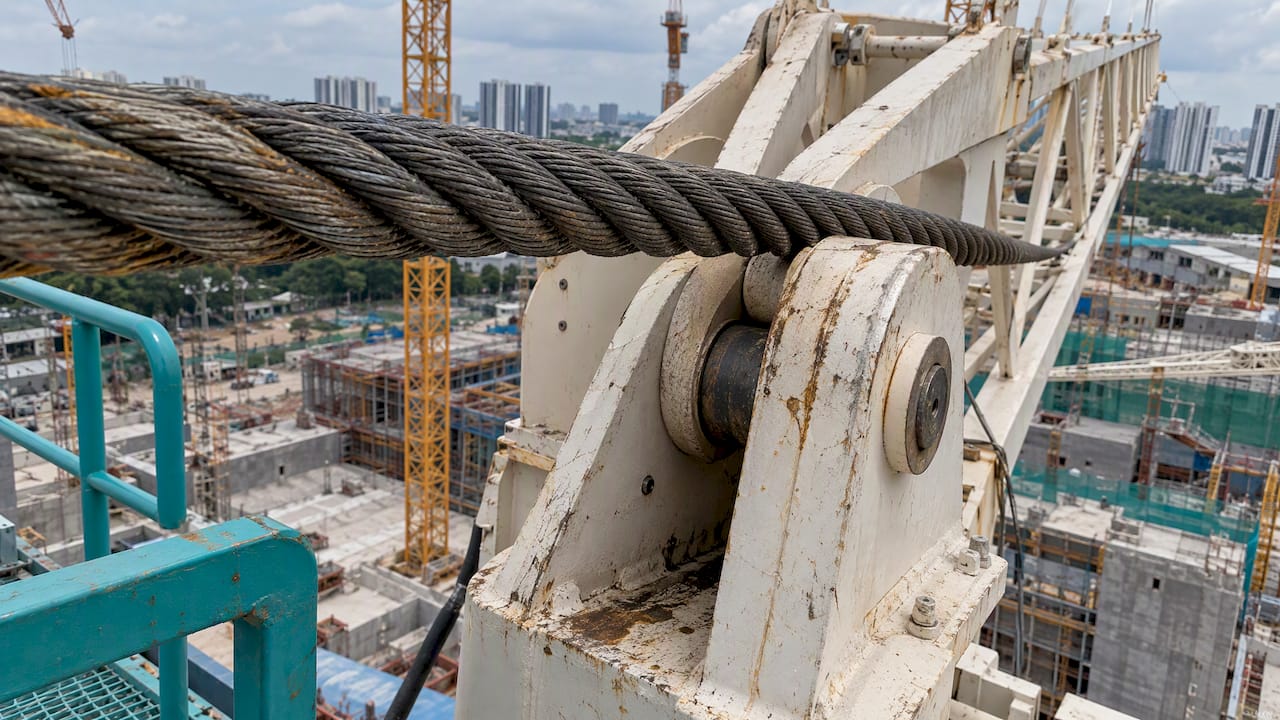 Erection rope beside tower crane pivot
