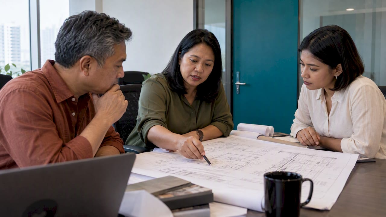 Stakeholders reviewing design risks at a workshop
