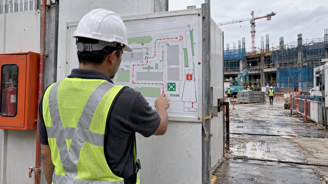 Supervisor checks emergency response plan at site gate